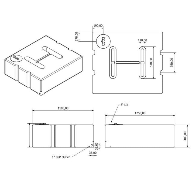 460 Litre Baffled Water Tank, Flat