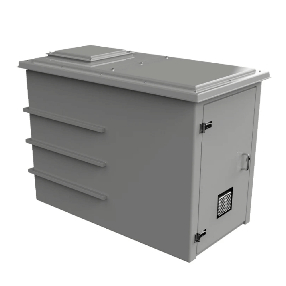 CUCOMP.3001-1500 Grey GRP enclosure with single door with breathable vent and steel handle. On a white background.