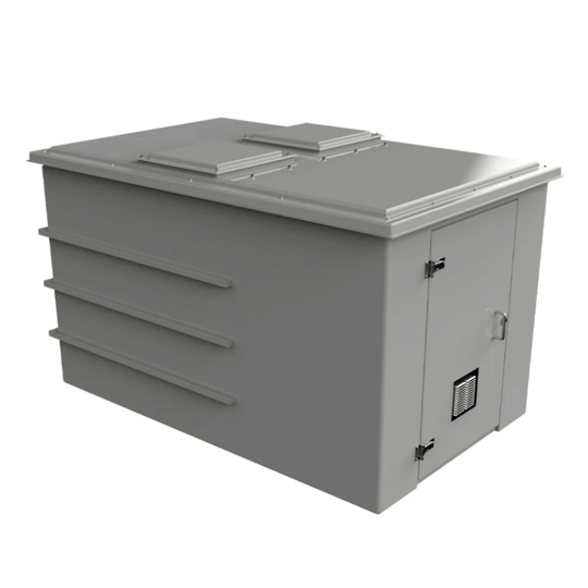CUCOMP.5625-3375 Grey grp enclosure, single door with breathable vent and steel handle on a white background