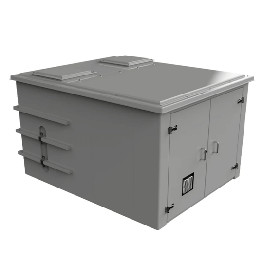 CUCOMP.7500-3000 Grey GRP Enclosure with AG Air gab, dual cabinet doors with built in vent. On a white background.