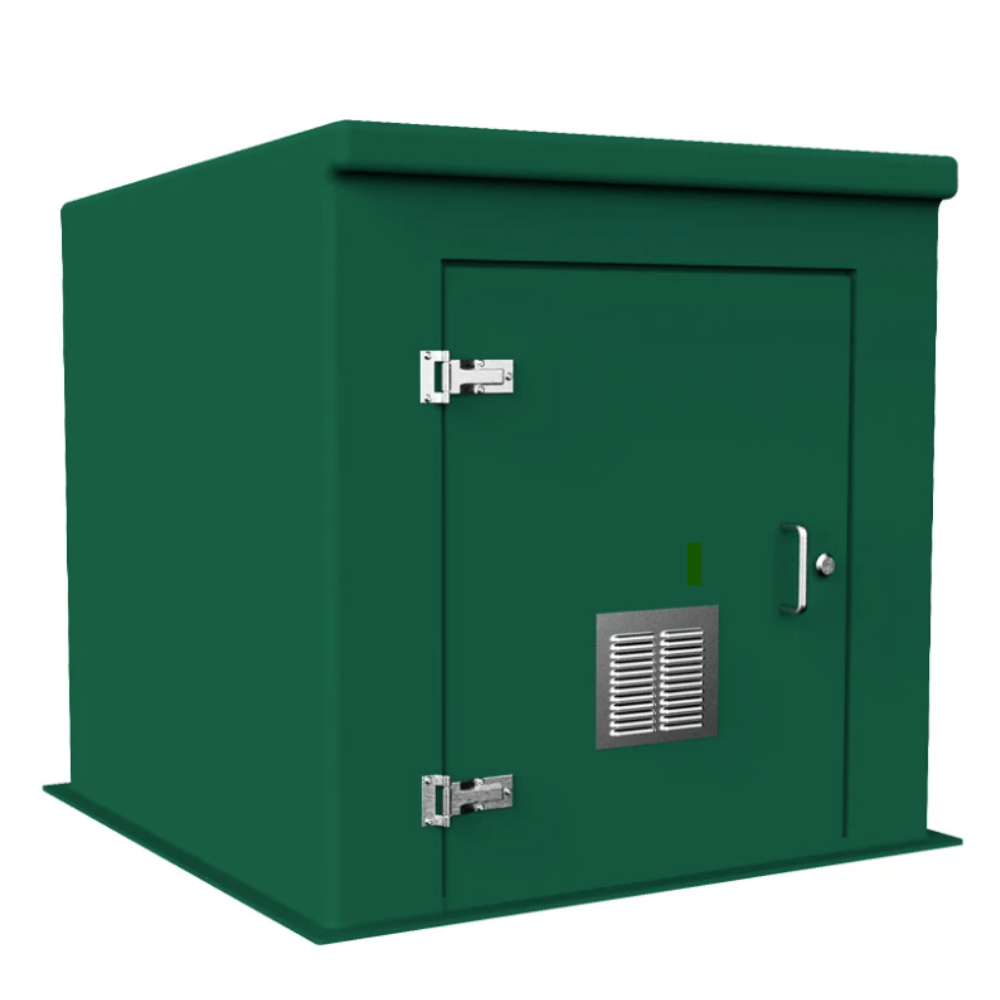 A dark green metal electrical substation cabinet with a single access door, silver hinges, a handle, a lock, and a vented metal panel on the front, isolated on a white background.