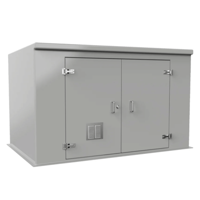 A gray metal utility storage cabinet with two doors, silver handles, hinges, and a small vent on the front, shown on a plain white background.