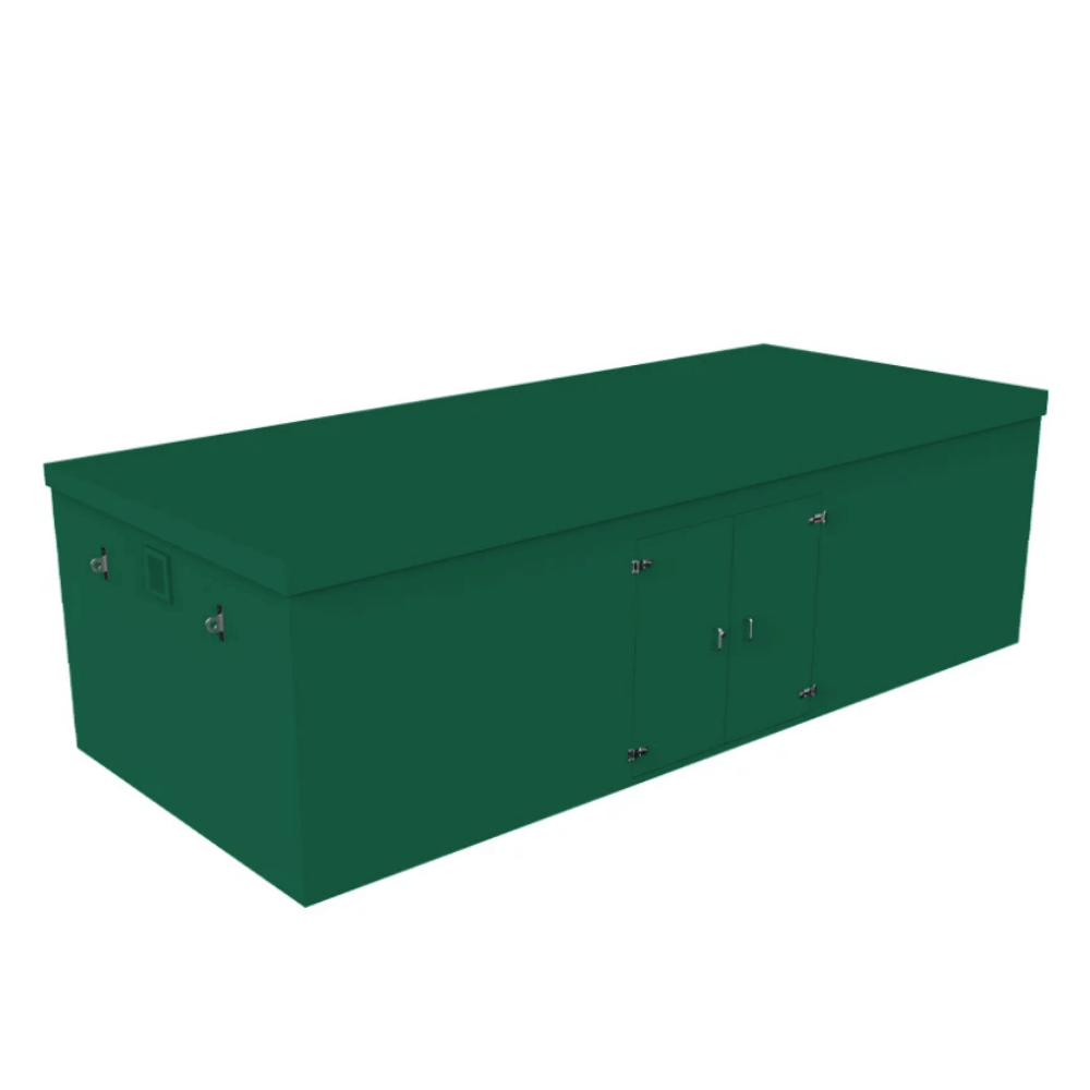 A dark green grp booster storage cabinet with a hinged lid and two front doors, shown on a plain white background.