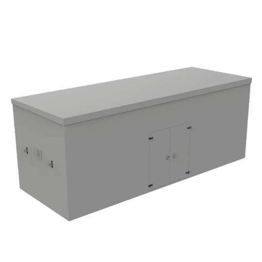 A gray metal GRP enclosure, with twin doors, 1 vent on the site - suitable for storing booster pumps shown on a plain white background.