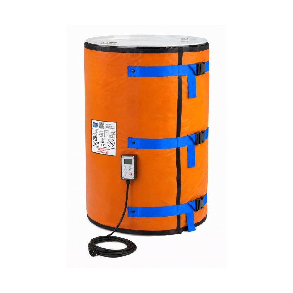 HSHP high performance side drum heater with orange PTFE outer and blue straps on a steel drum, with digital controller