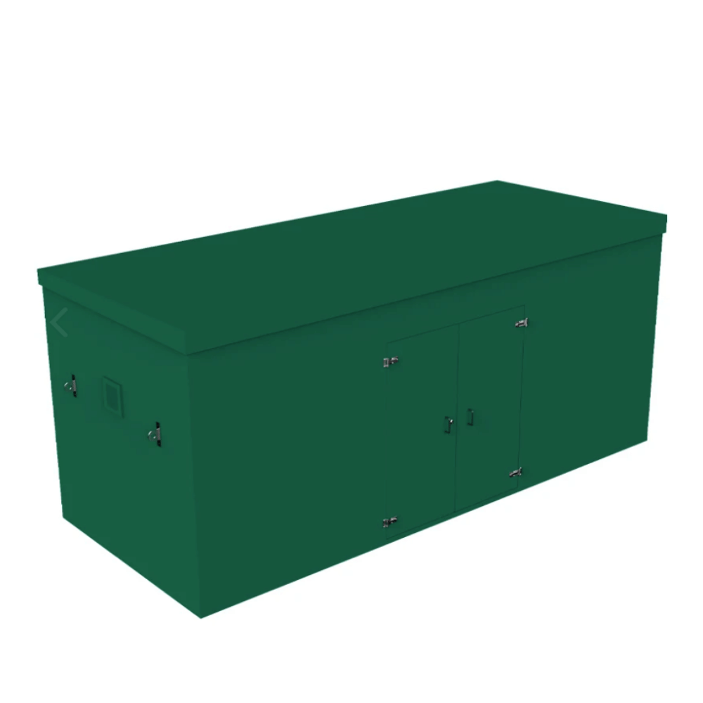 A dark green grp booster storage cabinet with two front doors and small silver latch hardware, shown on a plain white background.