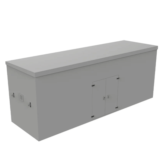 A long rectangular grey grp booster cabinet with a hinged lid, two front doors with small handles, and side electrical outlets, shown on a plain white background.