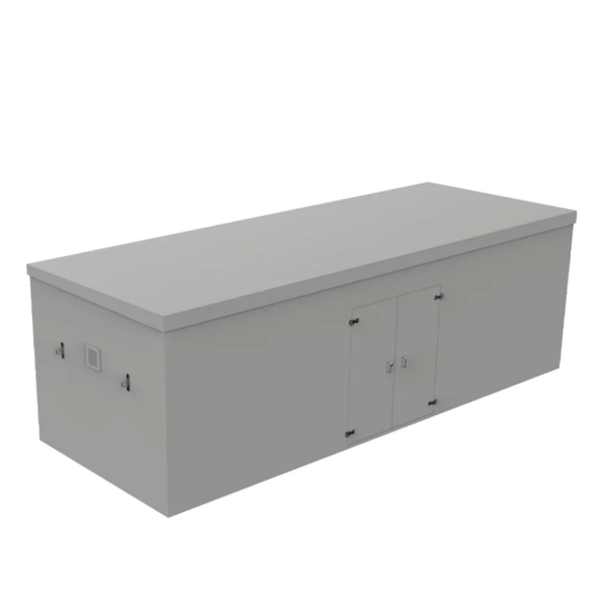 A long rectangular grey GRP booster cabinet with a flat top, two front access doors, and small side handles, shown on a plain white background.