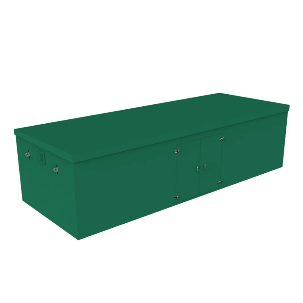 A green grp booster storage cabinet with a hinged lid and two front doors, shown on a plain white background.