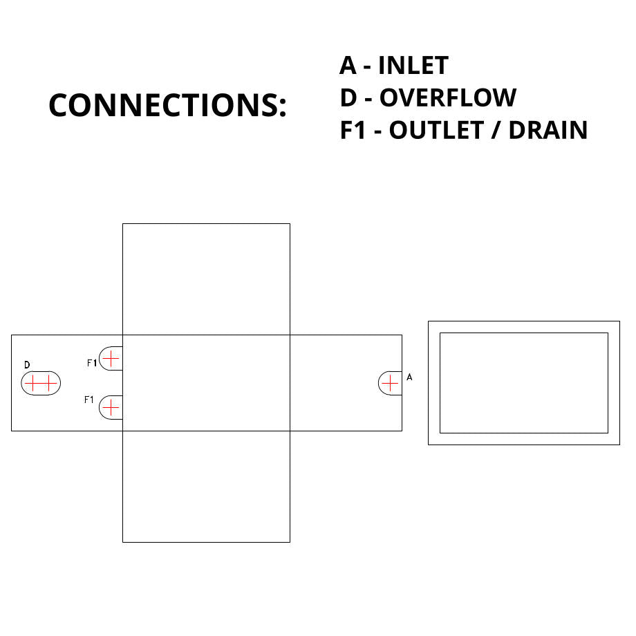 Standard pads and connections drawing - rectangular GRP water tank