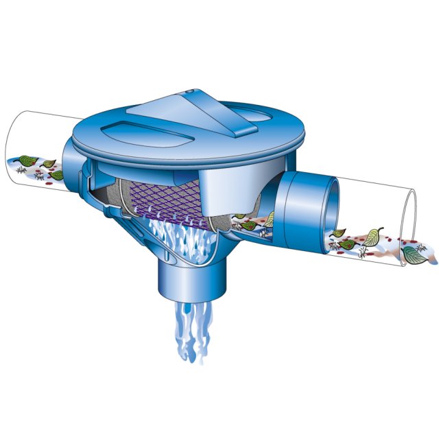 Sinus Filter for rainwater harvesting how its used - water flowing through filter with debris being bypassed