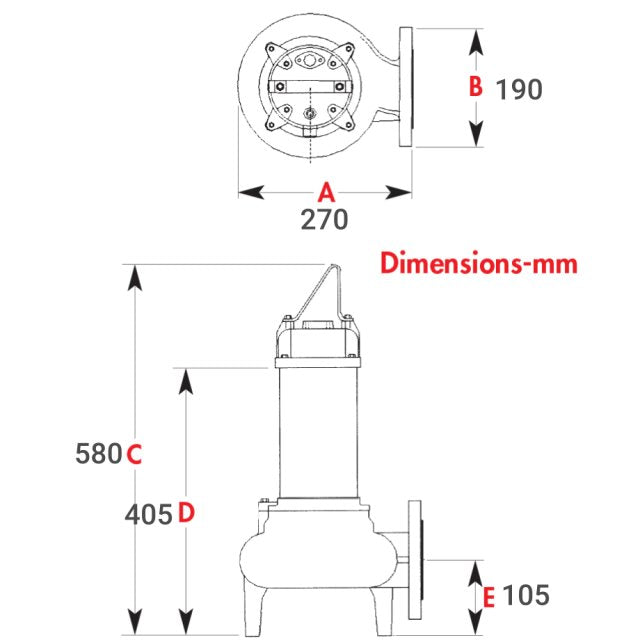 Hippo 65-150 Sewage Pump, Horizontal Discharge Dimensions