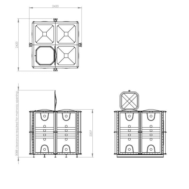 8000 Litre GRP Sectional Water Tank, Internally Flanged Base (IFB)