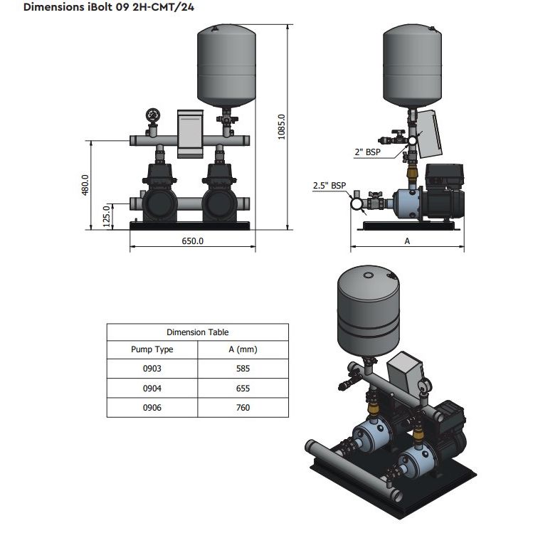 Stuart Turner Aquaboost iBolt Horizontal Twin Booster Pump 0906 2H-CMT/24 260 L/MIN @ 5.4 BAR