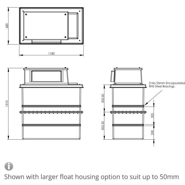 500 Litre GRP Water Tank, Type AB Air Gap - Two Piece Insulated, Cat 5
