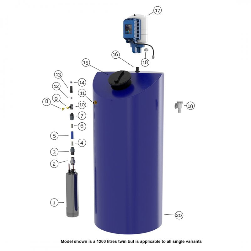 Aquamaxx Insulated 1200 Litre Cold Water Single Booster Pump set Exploded View
