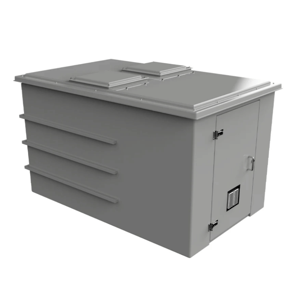 CUCOMP.5625-3375 Grey grp enclosure, single door with breathable vent and steel handle on a white background