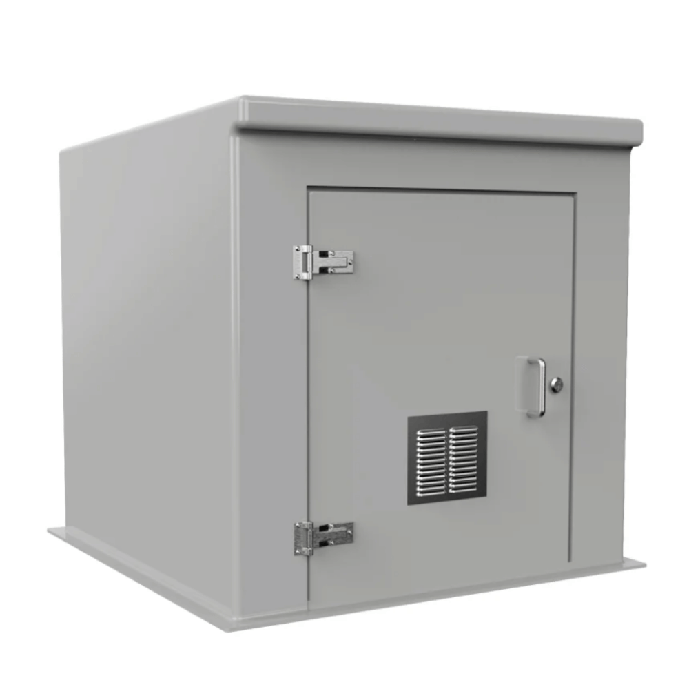 A gray metal utility storage cabinet with a single door, featuring silver hinges, a handle, a lock, and a vented panel on the front, shown on a plain white background.