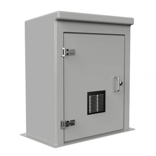 A gray grp booster cabinet with a single door, featuring two hinges, a silver handle, a lock, and a black vented panel on the lower front, shown on a plain white background.