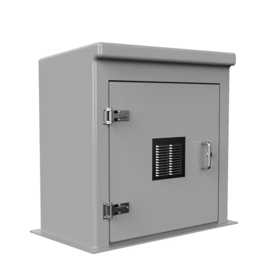 A grey metal grp booster cabinet with a secure door, featuring two hinges, a lock, a vented panel, and a handle, shown on a plain white background.