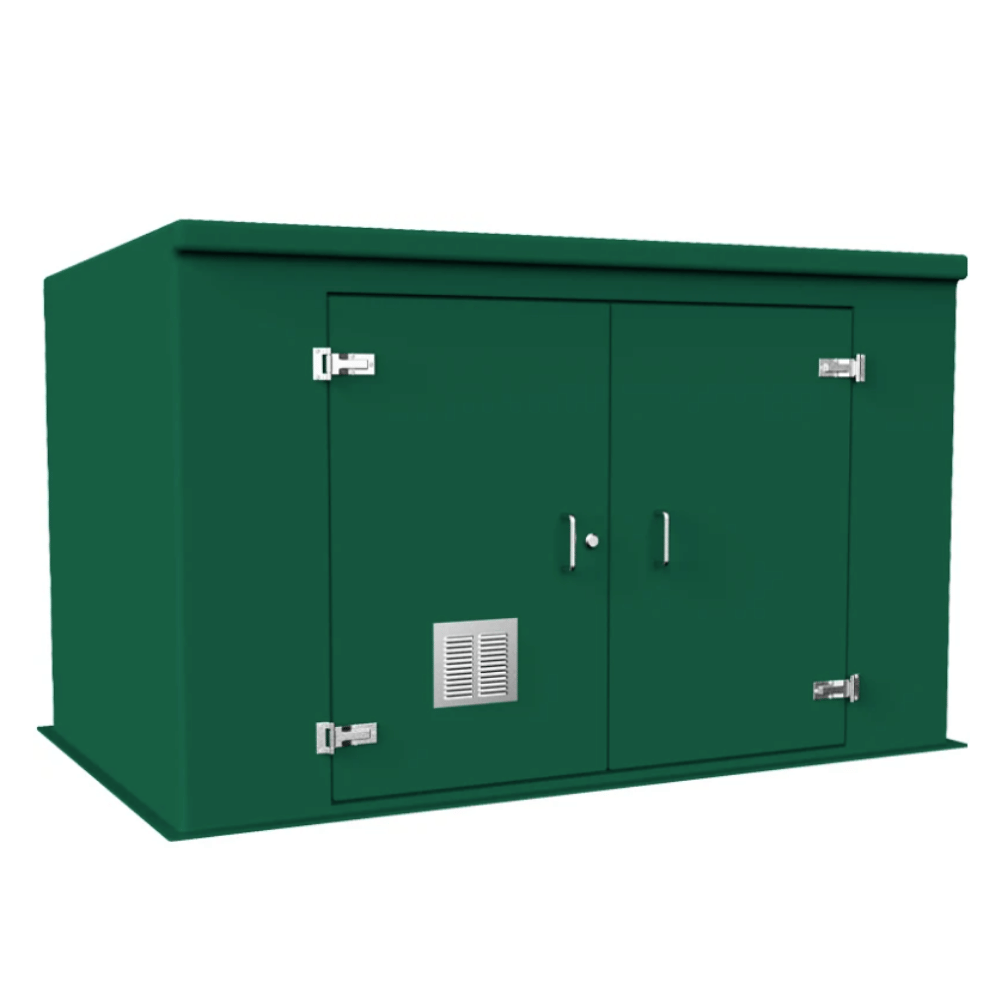 A dark green metal storage cabinet with two doors, silver hinges, and a small vent grille on the lower left door, shown on a plain white background.