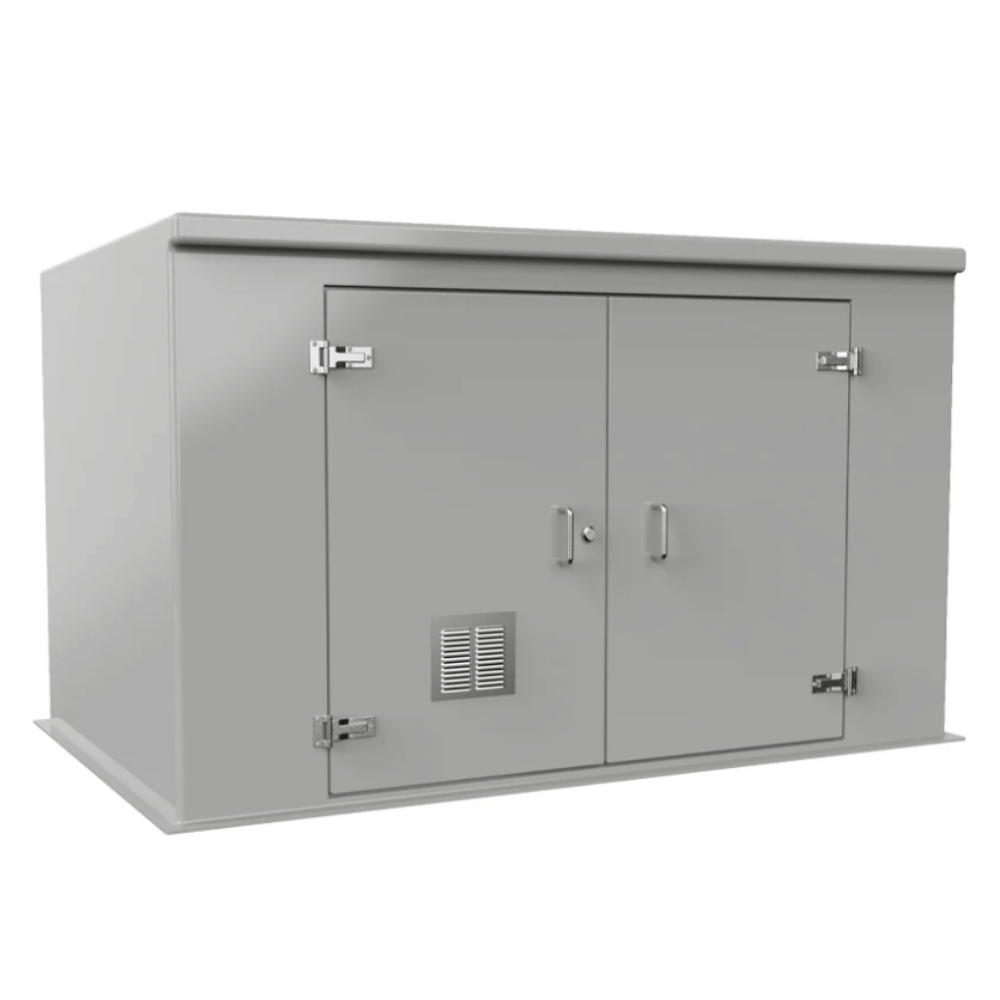 A gray metal utility storage cabinet with two doors, silver handles, hinges, and a small vent on the front, shown on a plain white background.