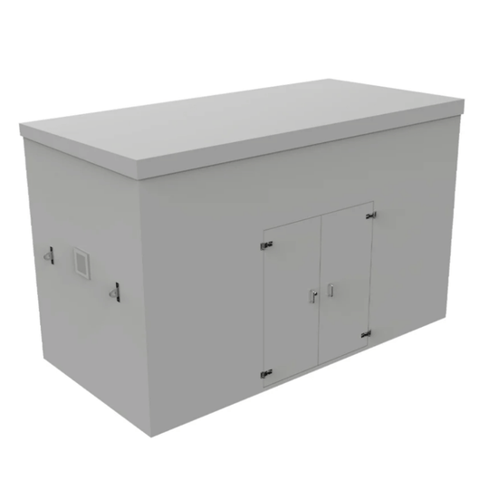 A light grey grp booster cabinet with a flat top, two front doors with hinges, and side access hardware, shown on a plain white background.