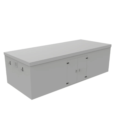 A grey grp booster tank. Side vents, double door with silver handles on a white background 