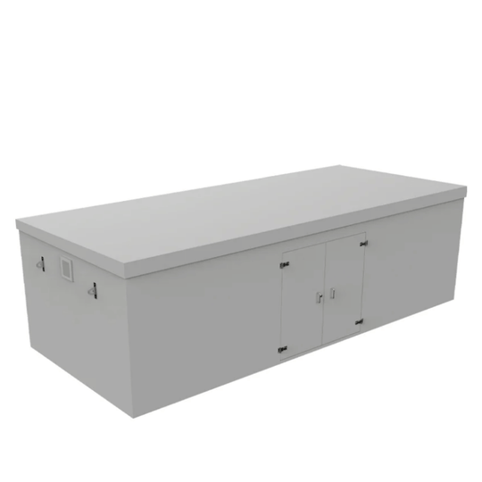 A grey grp booster tank. Side vents, double door with silver handles on a white background 