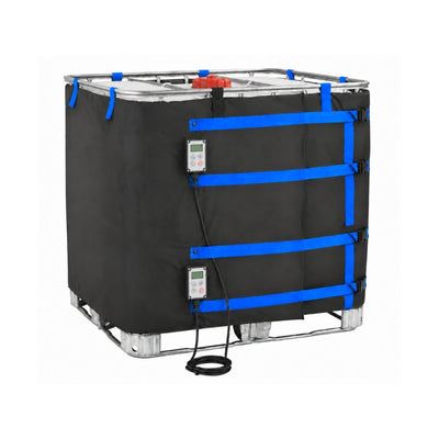 Tanks Direct IBC heating jacket in black fabric with blue straps on a 1000L bottle-in-cage IBC, with two digital controllers