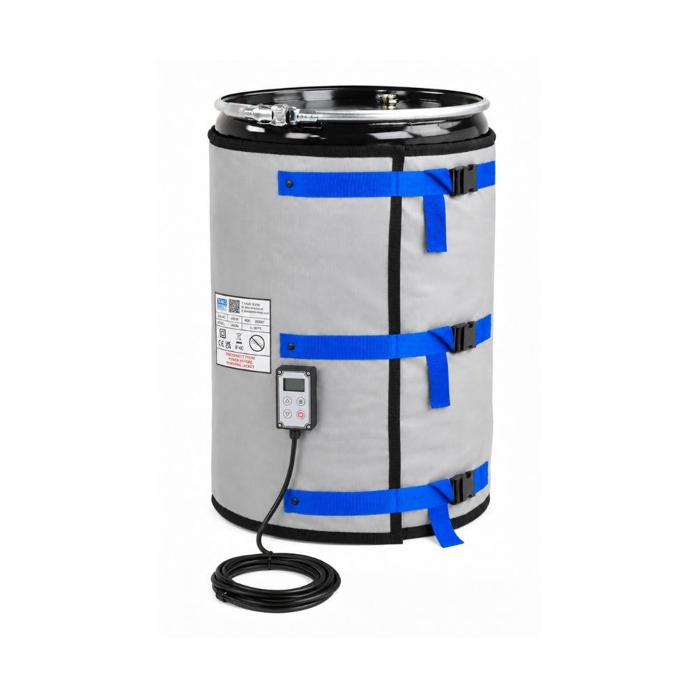 HTSD high temp side drum heater in grey fabric with blue straps, fitted to a black steel drum, with digital controller