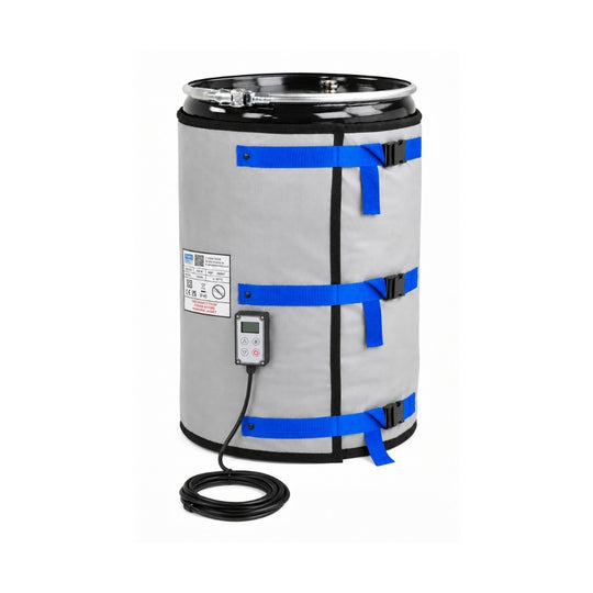 HTSD high temp side drum heater in grey fabric with blue straps, fitted to a black steel drum, with digital controller