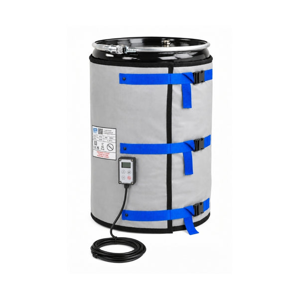 HTSD high temp side drum heater in grey fabric with blue straps, fitted to a black steel drum, with digital controller