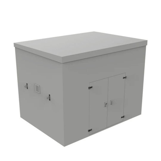 A large grey GRP booster storage cabinet with a flat lid, two front doors with hinges, and small lock hardware, shown on a plain white background.