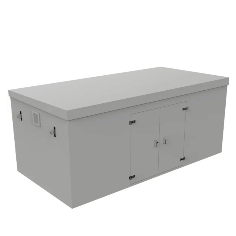 PWHG.5x2.5x2 grey GRP booster enclosure with dual cabinet doors and a side vent. On a white background