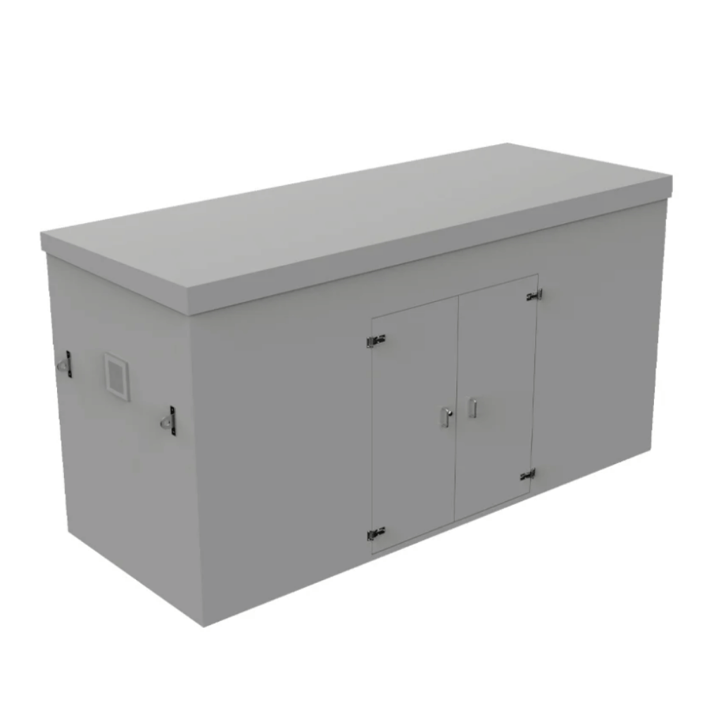 A grey grp booster cabinet, side vent, double doors with hinges and silver handles on a white background