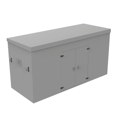 A grey grp booster cabinet, side vent, double doors with hinges and silver handles on a white background
