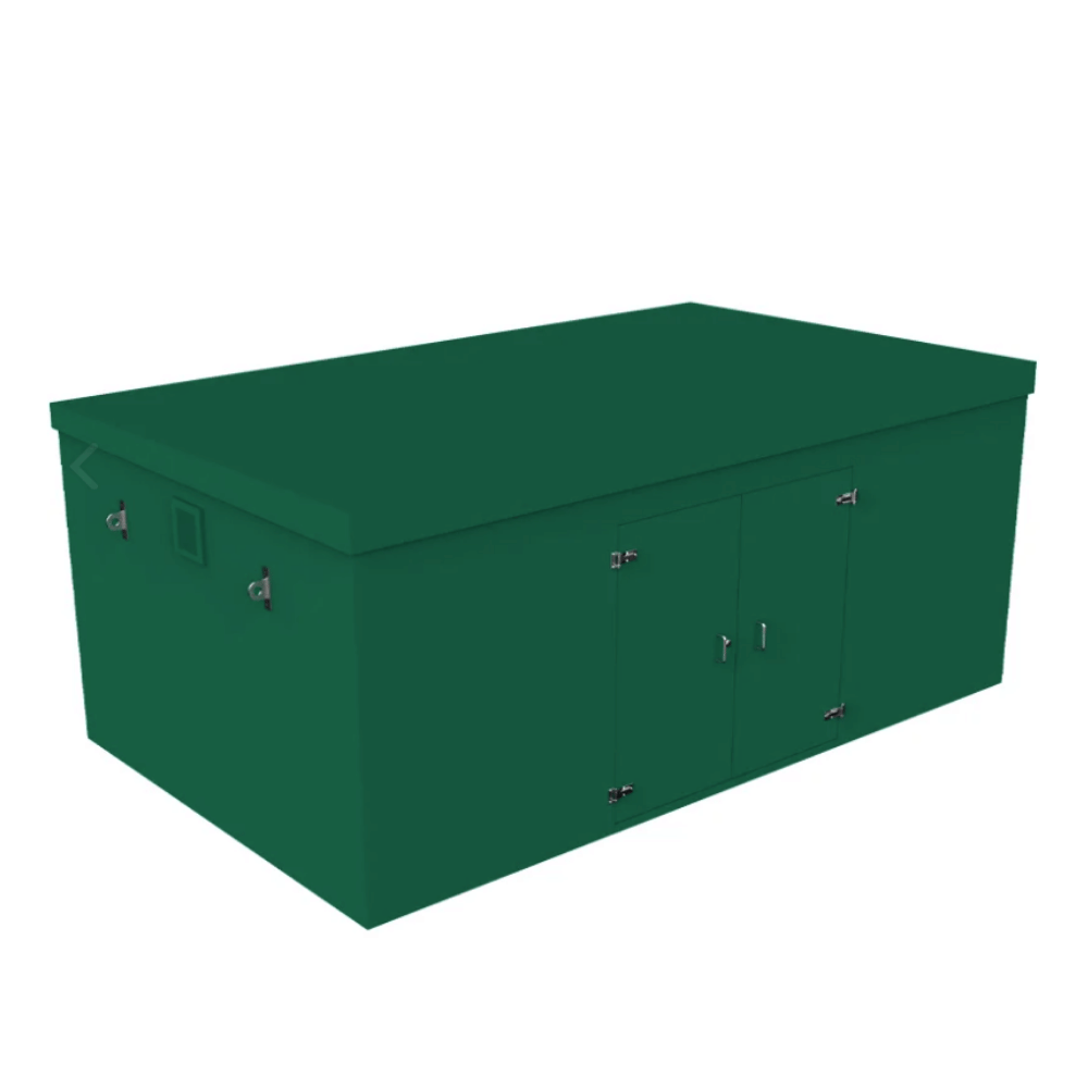 A dark green grp booster storage cabinet with a hinged lid and two front doors, shown on a plain white background.