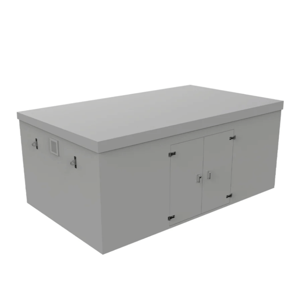 A light gray metal grp booster cabinet with a flat top, two front doors with hinges, and small lock hardware, shown on a plain white background.