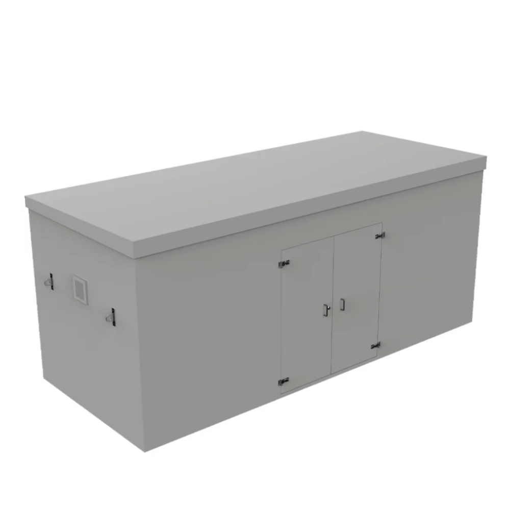 A light grey grp booster cabinet with a flat top, two front doors with small handles, and side access panels, shown on a plain white background.