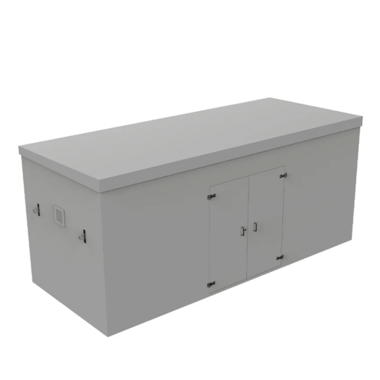 A grey grp booster cabinet with a flat top, two front doors with small handles, and side access panels, shown on a plain white background.
