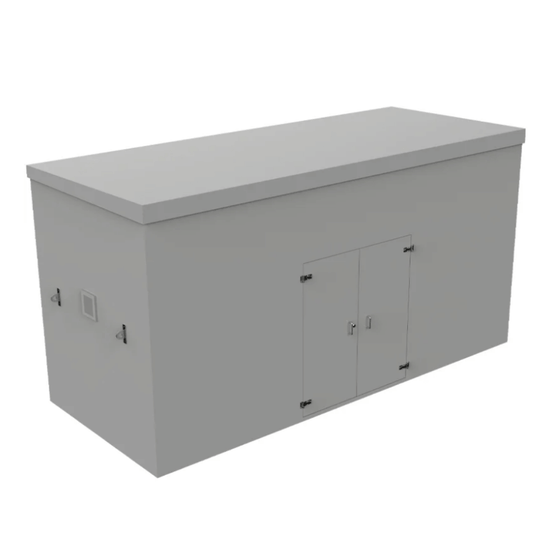 A large gray grp booster storage cabinet with a flat top, two front doors with hinges, and small side handles, shown on a plain white background.