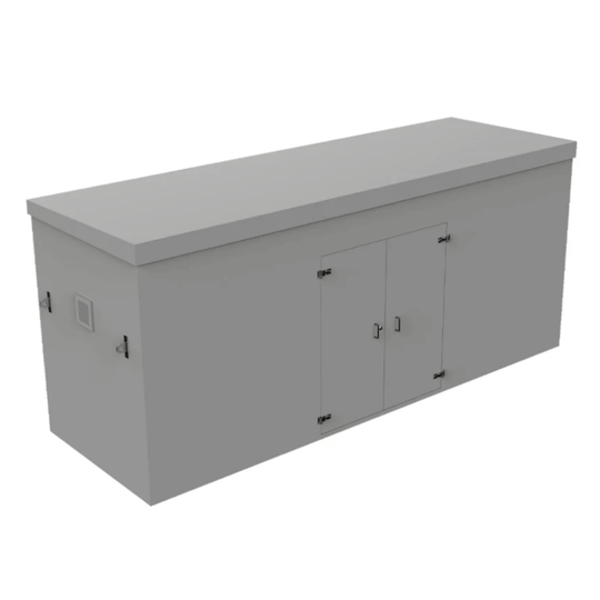 A grey grp booster cabinet, side vents, double doors, with hinges and silver handles on a white background