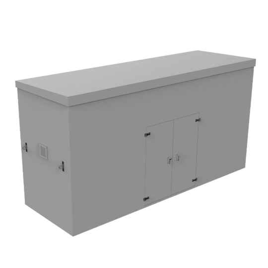A large grey grp booster cabinet with a flat top, two front doors with hinges, and a side access panel, shown on a plain white background.