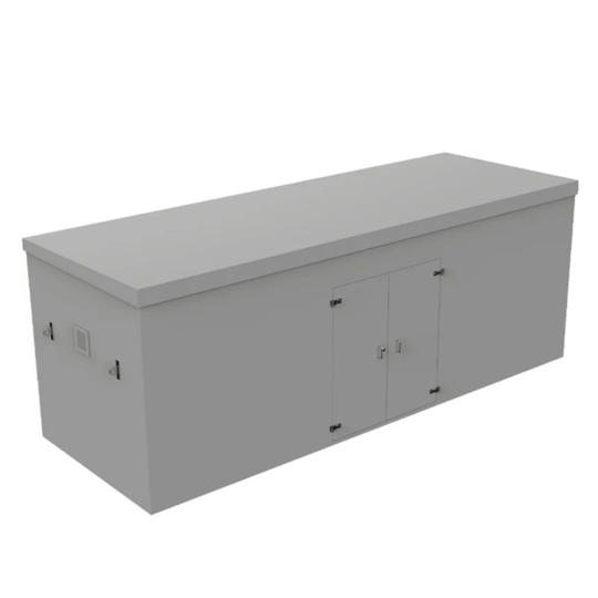 PWHG.7x2.5x2.5 Grey GRP enclosure with dual cabinet doors and side vents. On a white background