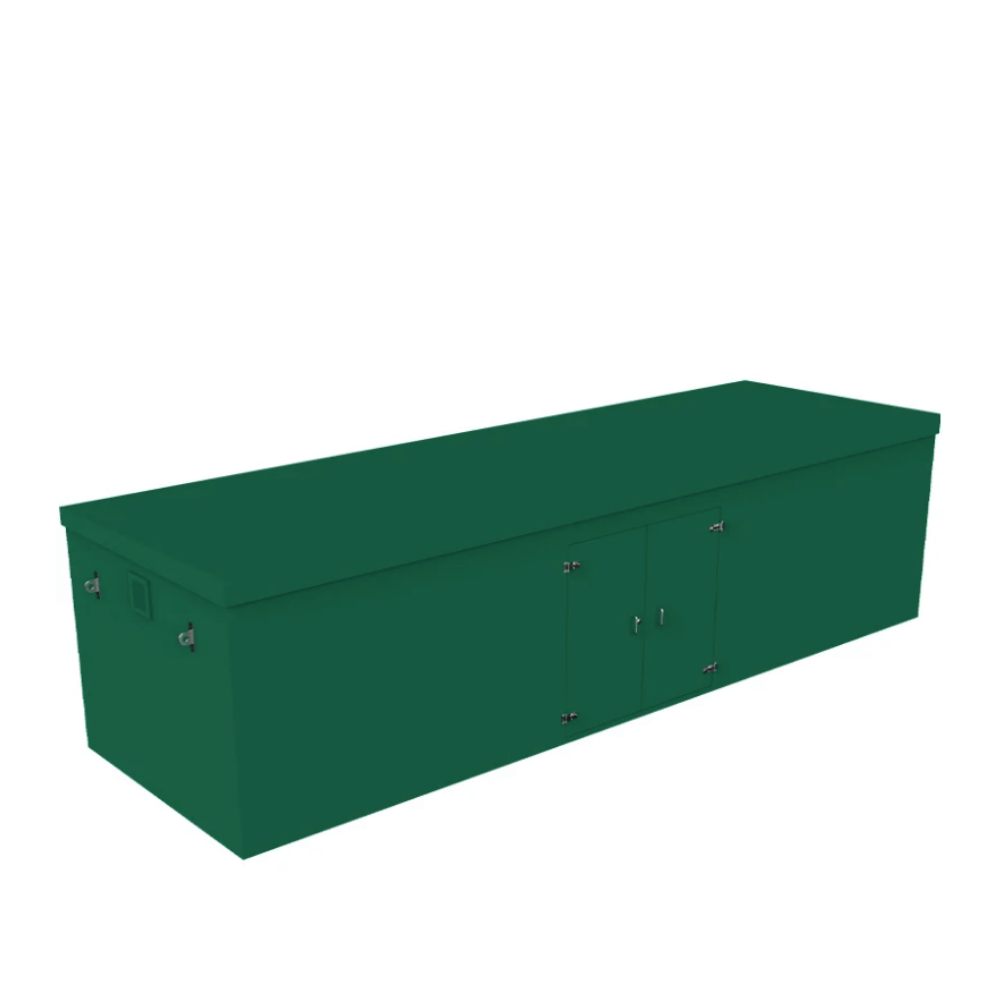 A dark green grp booster cabinet with a hinged lid and two front doors, shown on a plain white background.