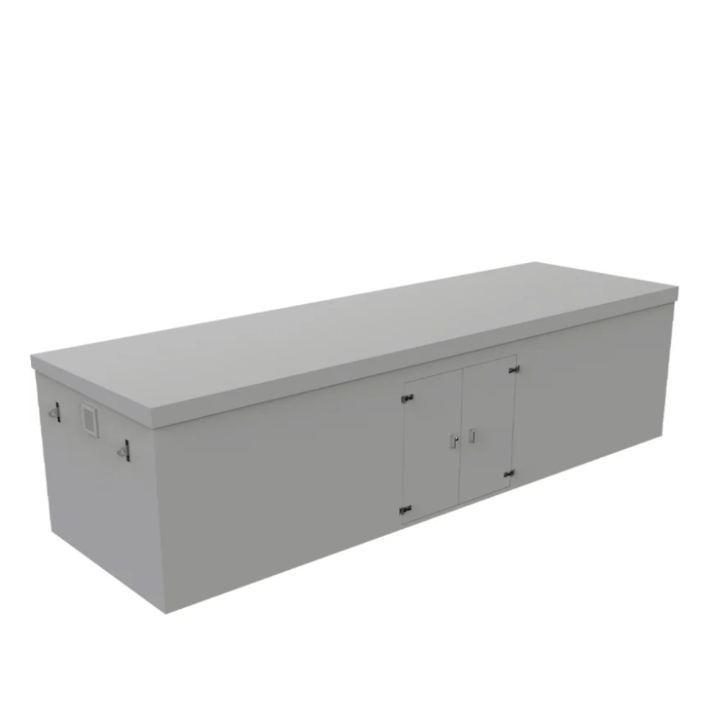 A long, rectangular gray grp booster cabinet with a hinged lid, two front doors, and small lock hardware, shown on a plain white background.