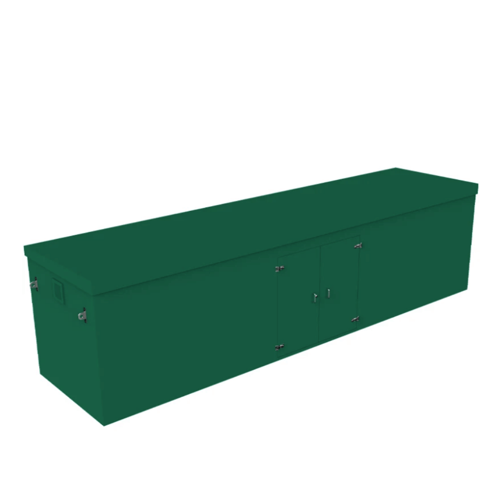 A dark green grp booster storage cabinet with a hinged lid and two front doors, shown on a plain white background.