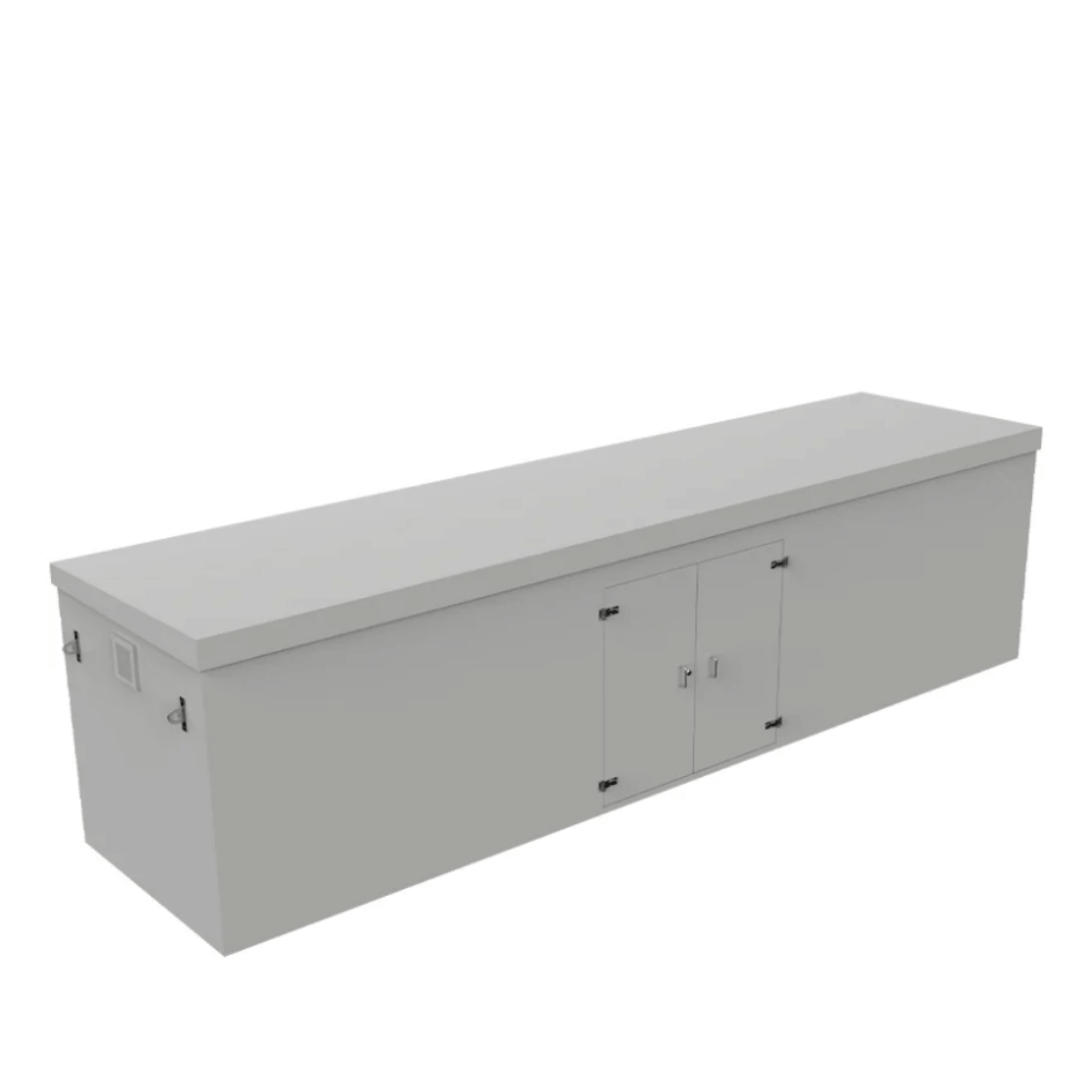 A long, rectangular gray grp booster storage cabinet with a hinged lid and two front doors, shown on a plain white background.