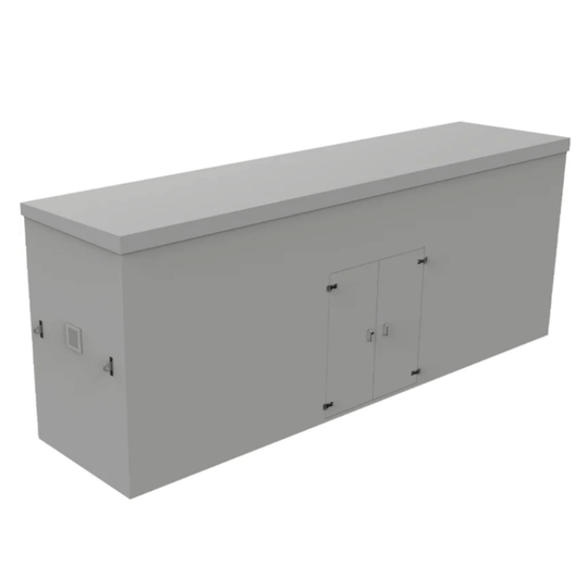 grey GRP booster cabinet, side vent, double doors with hinges and silver handles. On a white background